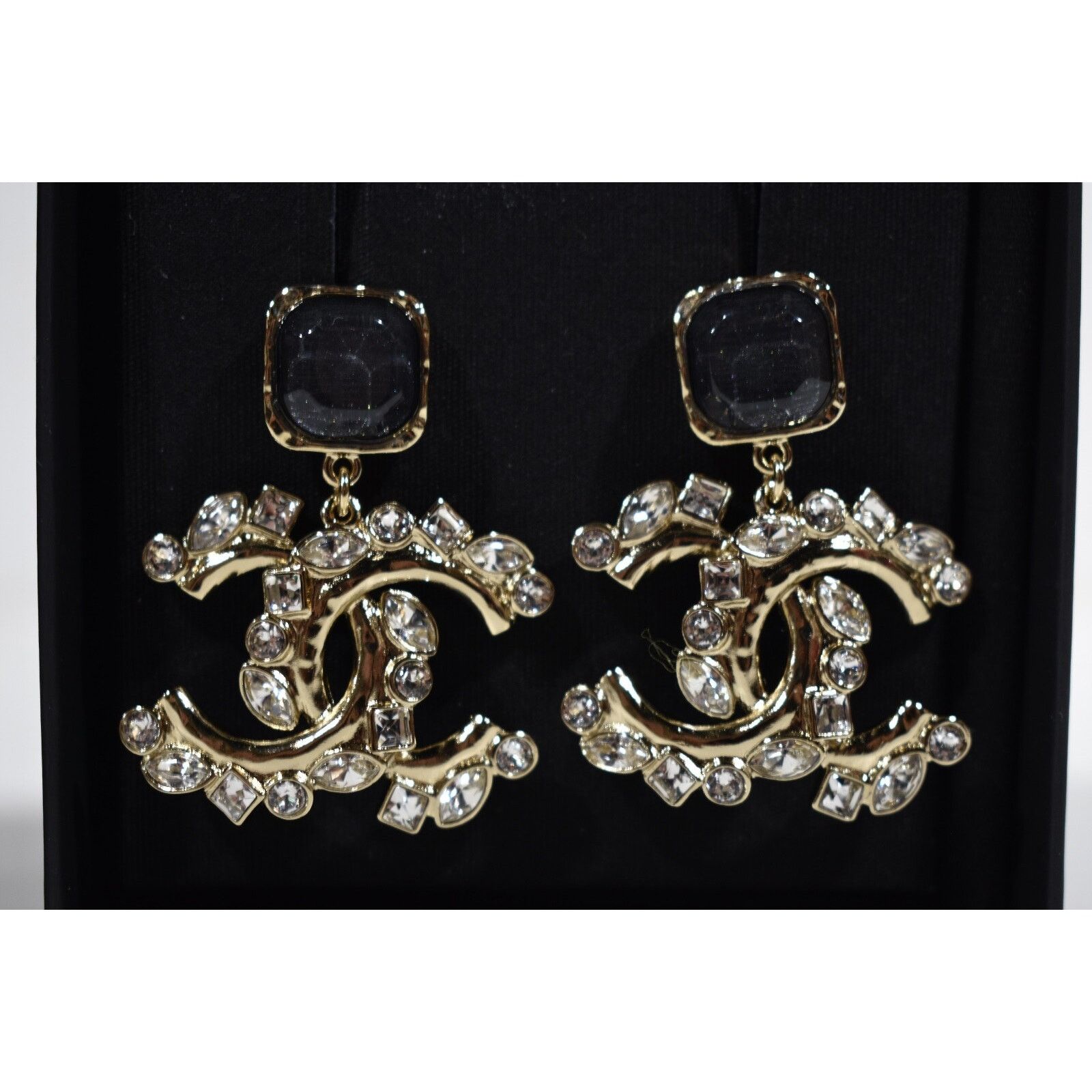 Chanel Chanel Gold Crystal Black XL Statement Stud Drop Earrings Size ONE SIZE - 3 Thumbnail