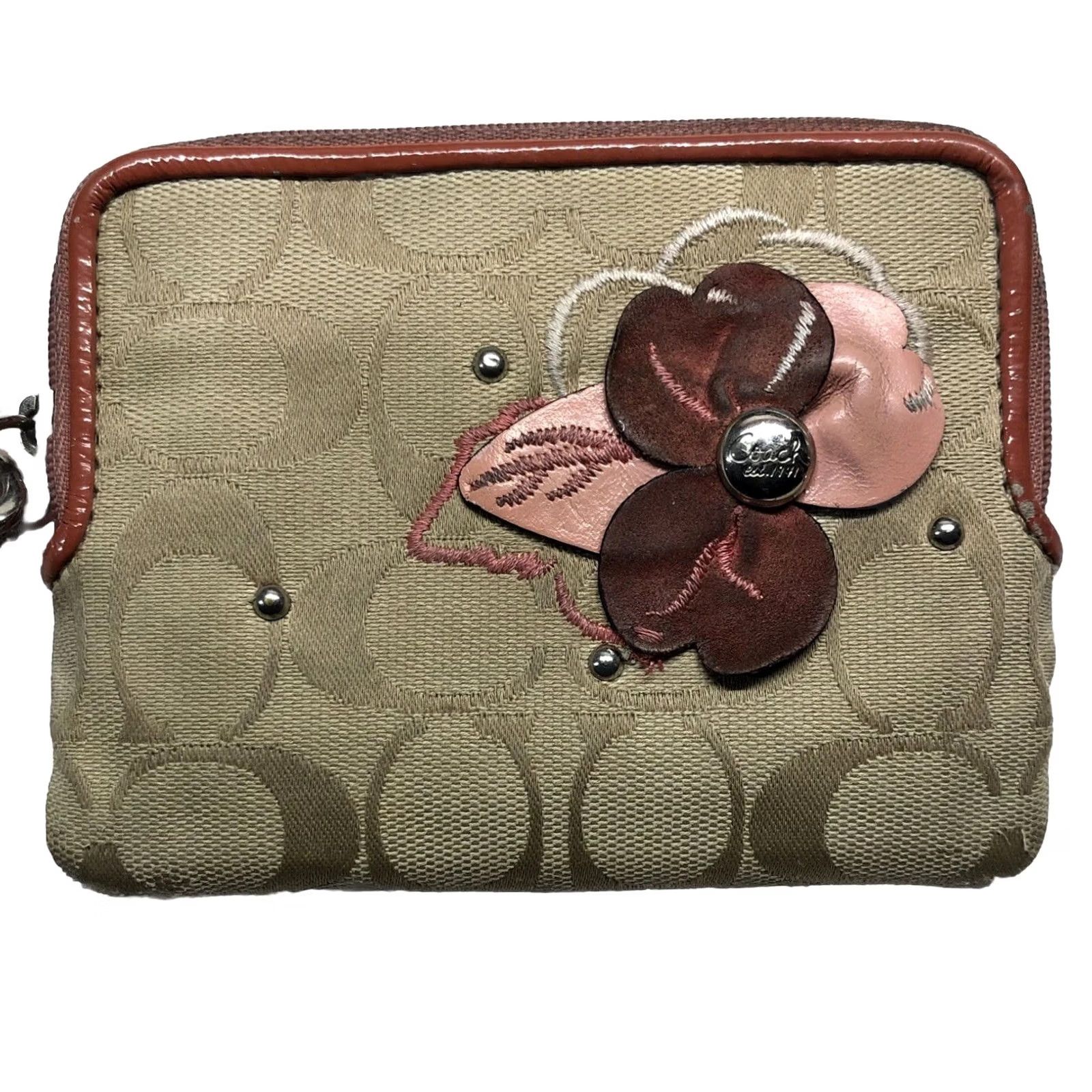 Coach VINTAGE Coach Wristlet Small Beige Signature Canvas Pink Accent Flower Clutch Wallet Women's Accessories Designer Size ONE SIZE - 2 Thumbnail