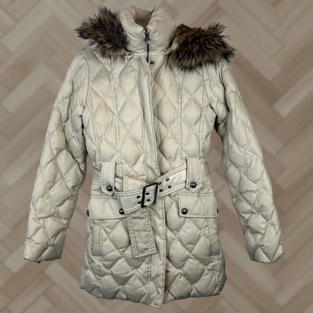Laundry by Shelli Segal Laundry Down Puffer Coat Womens XS Beige Faux Fur Belted Minimalist Capsule Size S / US 4 / IT 40 - 1 Thumbnail