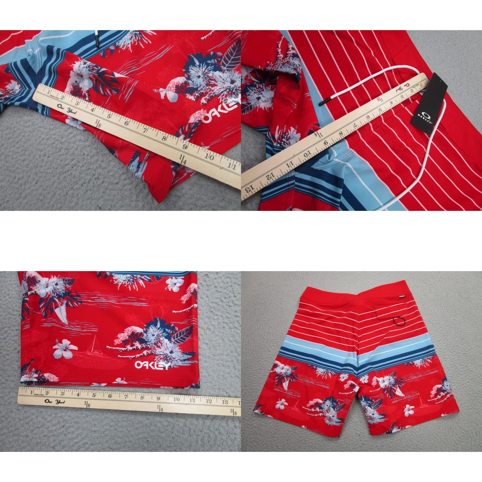 Oakley Oakley Board Shorts Mens 31 Red Hawaiian Floral Surf Trunks - Retro Bloom 20 - 4-Way Stretch Water-Repellent Drawstring Back Pocket Size US 31 - 9 Thumbnail