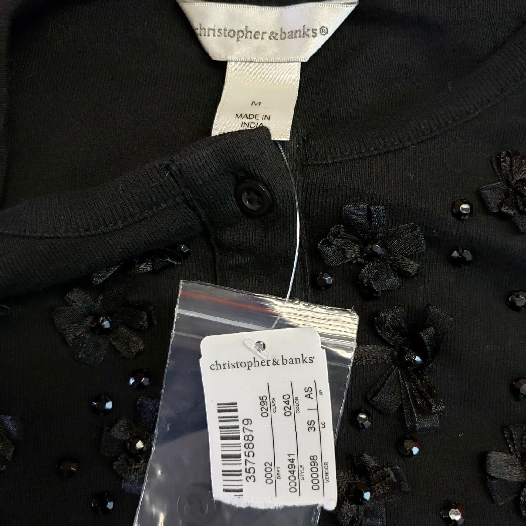 Vintage Christopher & Banks Womens Button-Front Knit Top Black Size M 3/4 Sleeve Bow Rhinestones Shirt Size M / US 6-8 / IT 42-44 - 4 Thumbnail