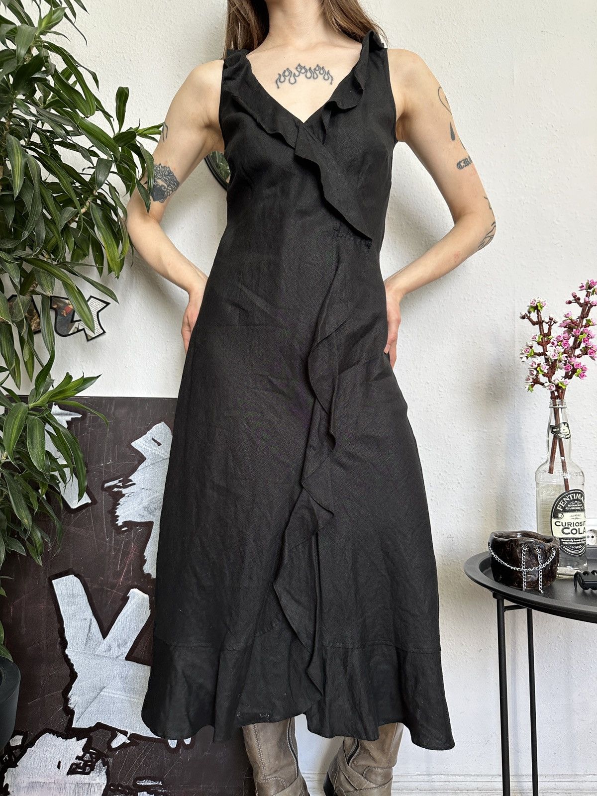 Designer Linen Ruffled Maxi Dress Cottage Coquette Retro Core Size XS / US 0-2 / IT 36-38 - 3 Thumbnail