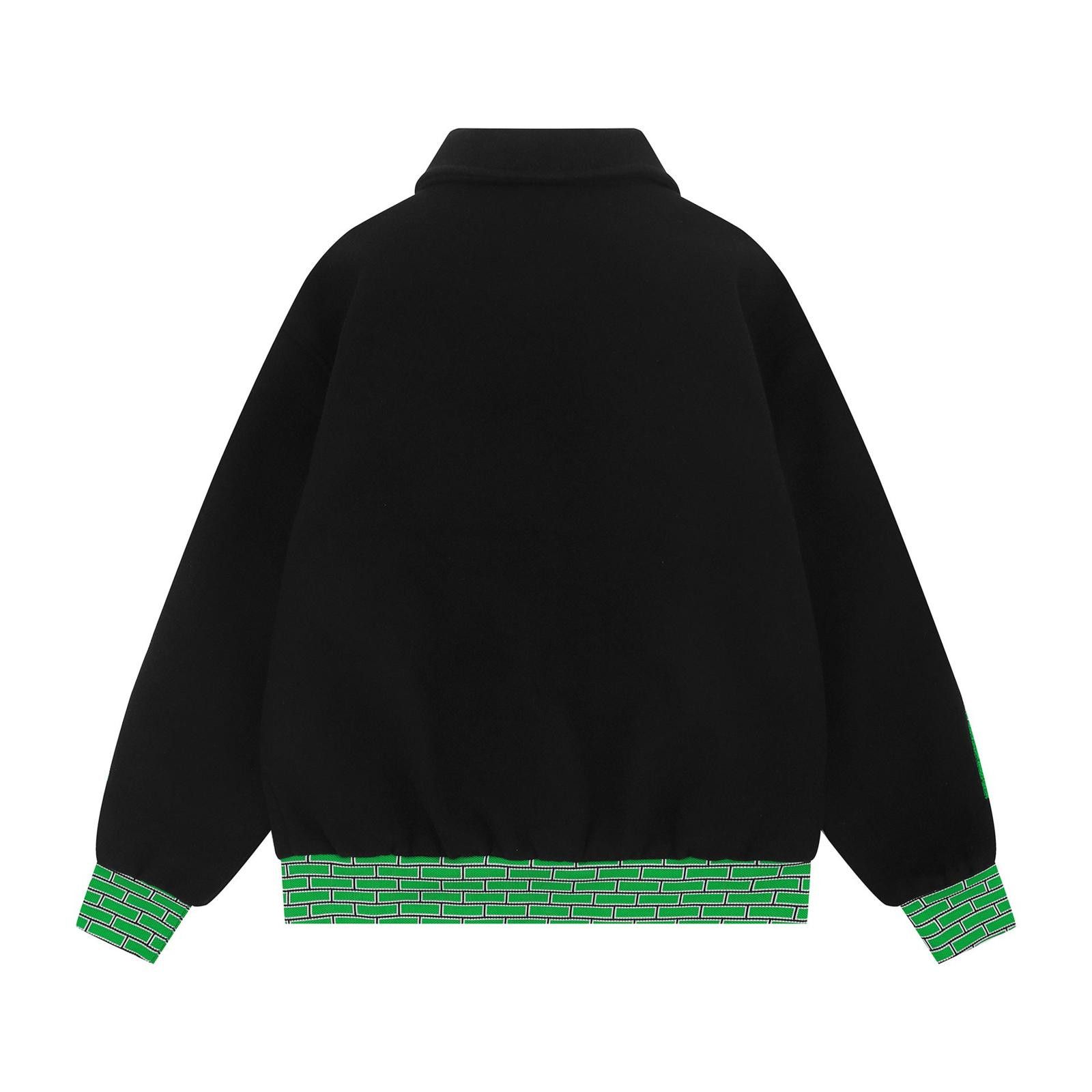 Japanese Brand Black Wool Varsity Jacket with Green Brick Pattern Size US M / EU 48-50 / 2 - 2 Thumbnail