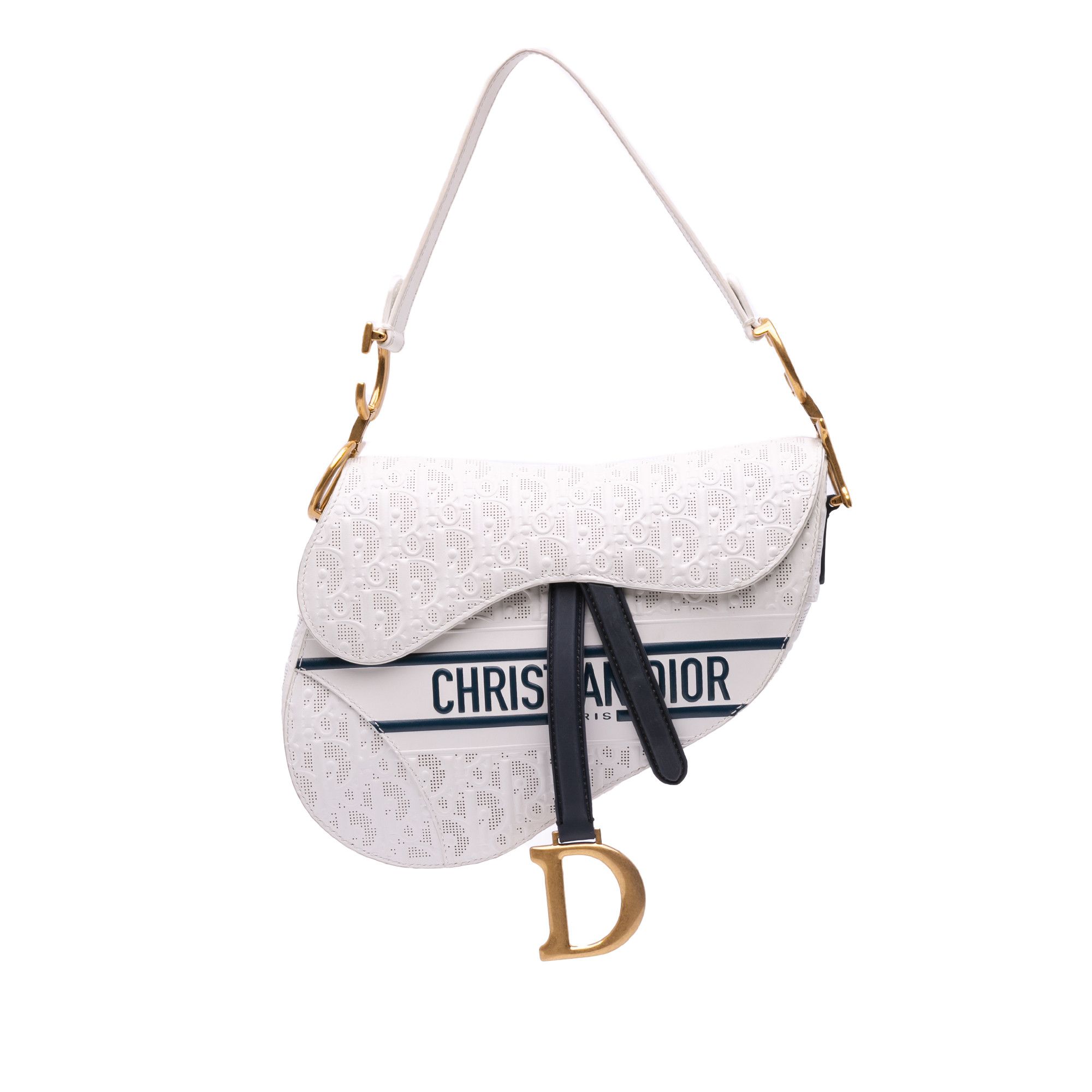 Dior Perforated Oblique Embossed Calfskin Saddle Bag in White, Women's
