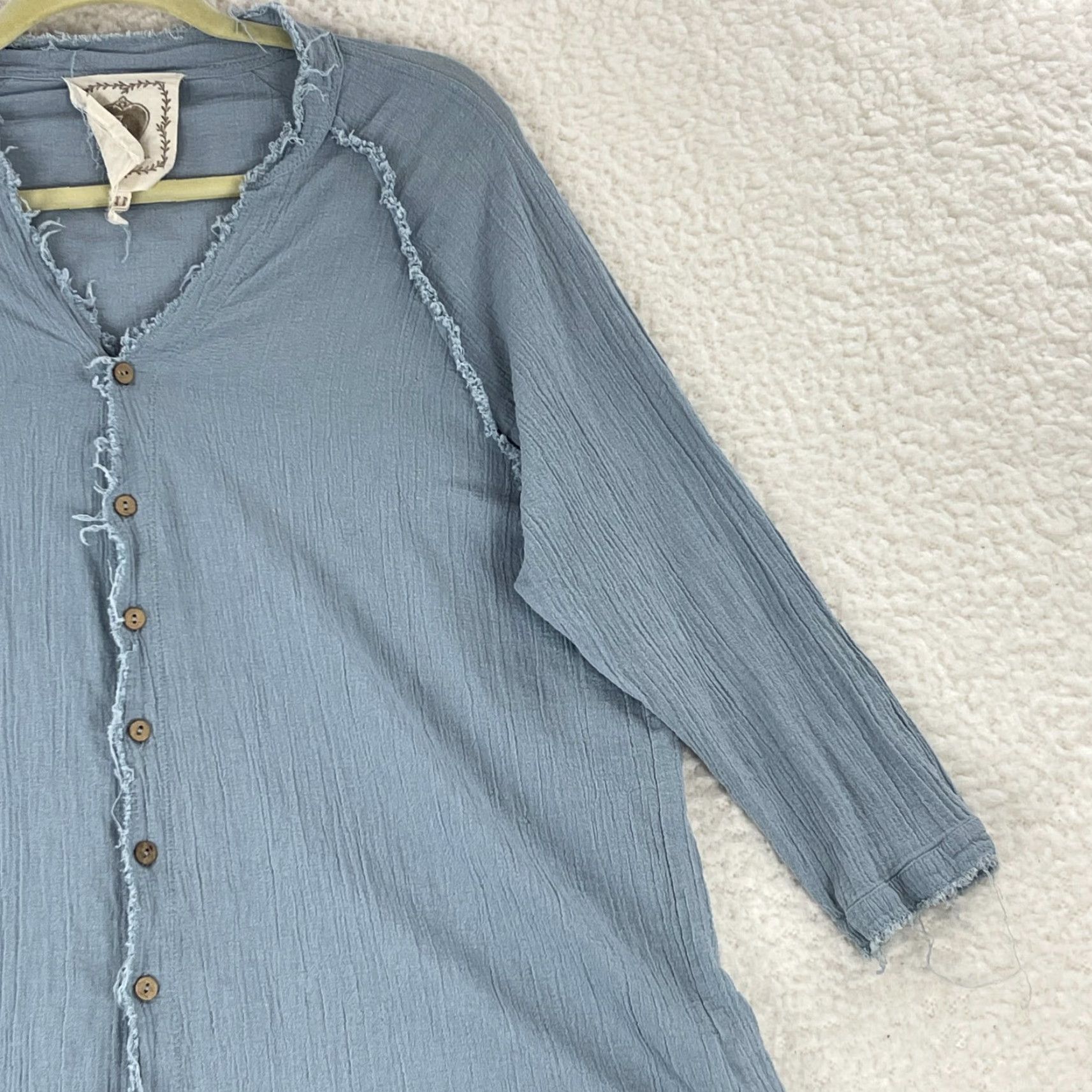 Vintage Z & L Button-Up Shirt Womens Medium Blue 3/4 Sleeve 100% Cotton V-Neck Casual Size M / US 6-8 / IT 42-44 - 4 Thumbnail