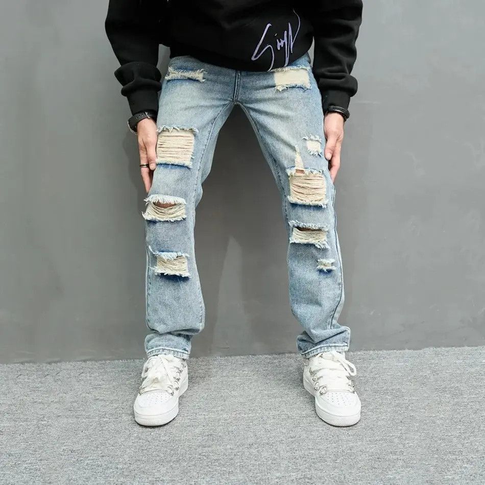 Japanese Brand Simple Men Loose Ripped Straight Jeans Size US 32 / EU 48 - 4 Thumbnail