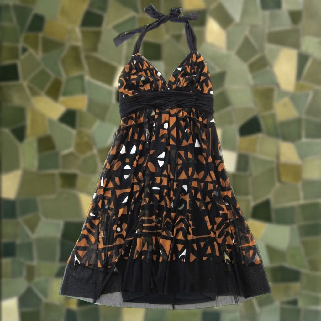 Vintage London Times Black Brown Geometric Stretched Halter V-Neck Empire Dress 12 Size XL / US 12-14 / IT 48-50 - 1 Thumbnail