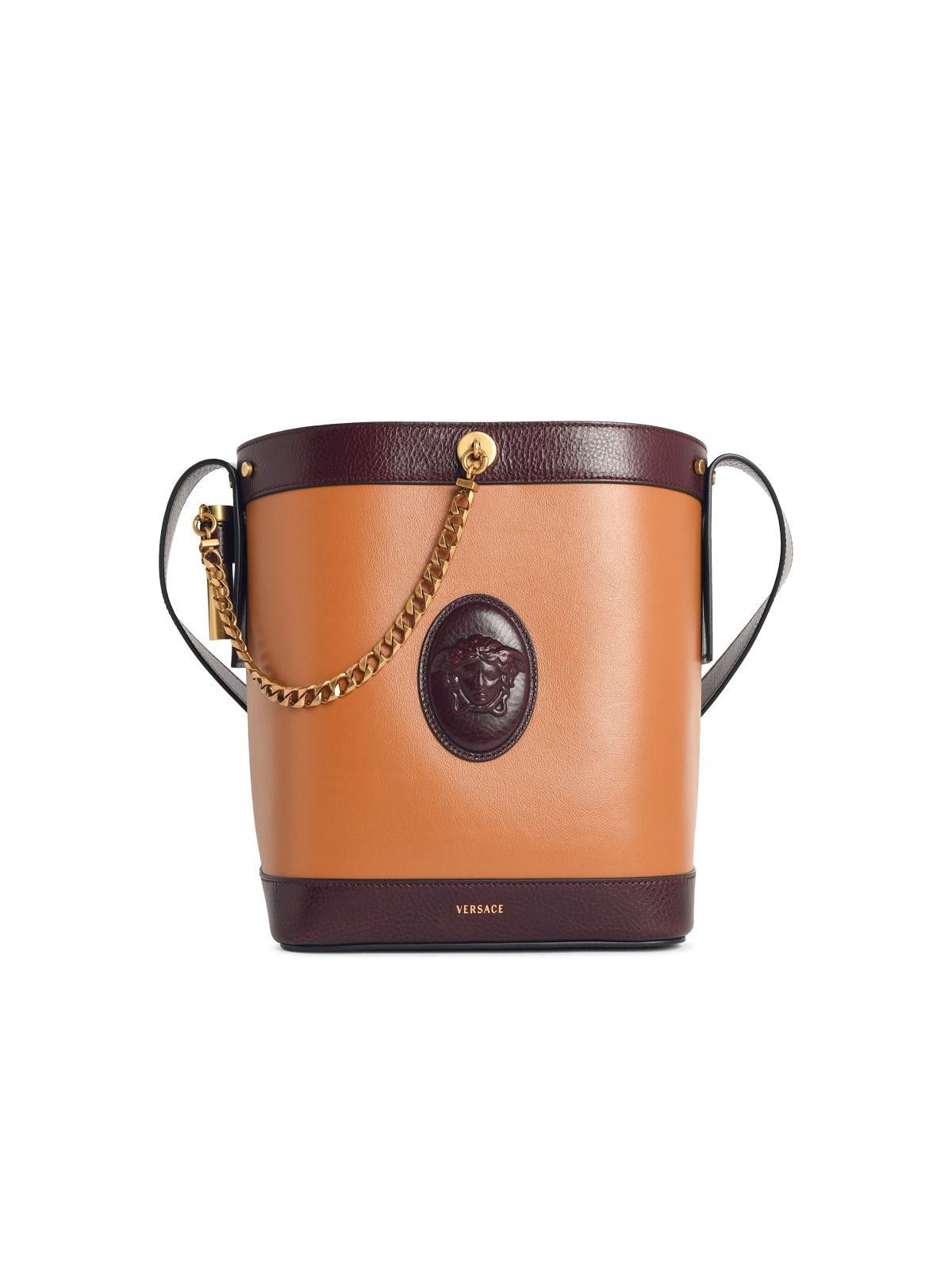 Versace VERSACE 'Pivot' Small Brown Leather Bucket Bag Size ONE SIZE - 1 Thumbnail