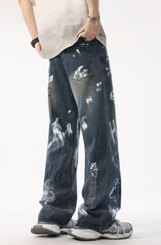 Japanese Brand Street wide-leg men's loose straight graffiti baggy jeans Size US 32 / EU 48 - 4 Thumbnail