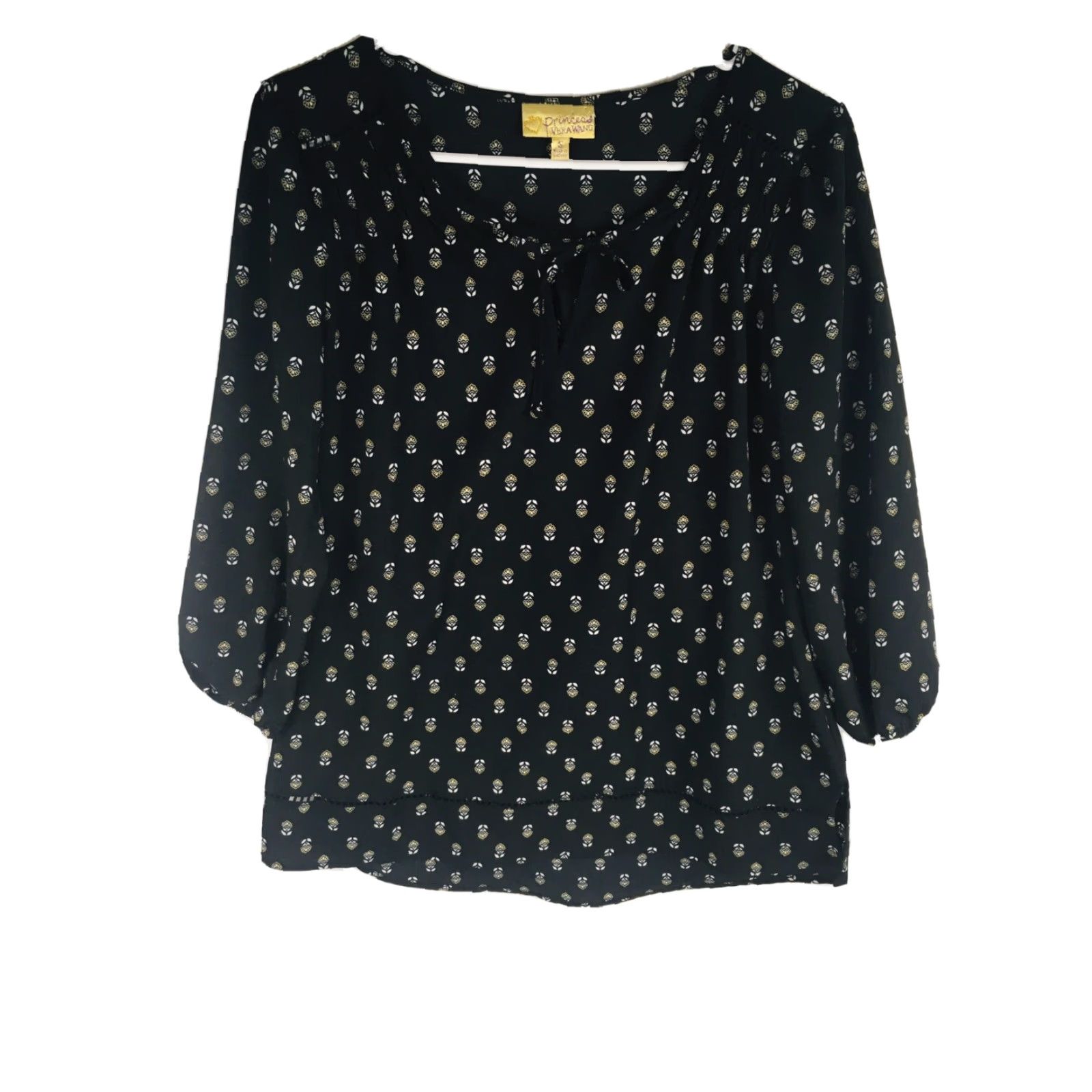 Vera Wang Vera Wang Princess Shirt Womens Small Black Sheer Floral 3/4 Sleeve Peasant Tie V-Neck Blouse Size S / US 4 / IT 40 - 2 Thumbnail