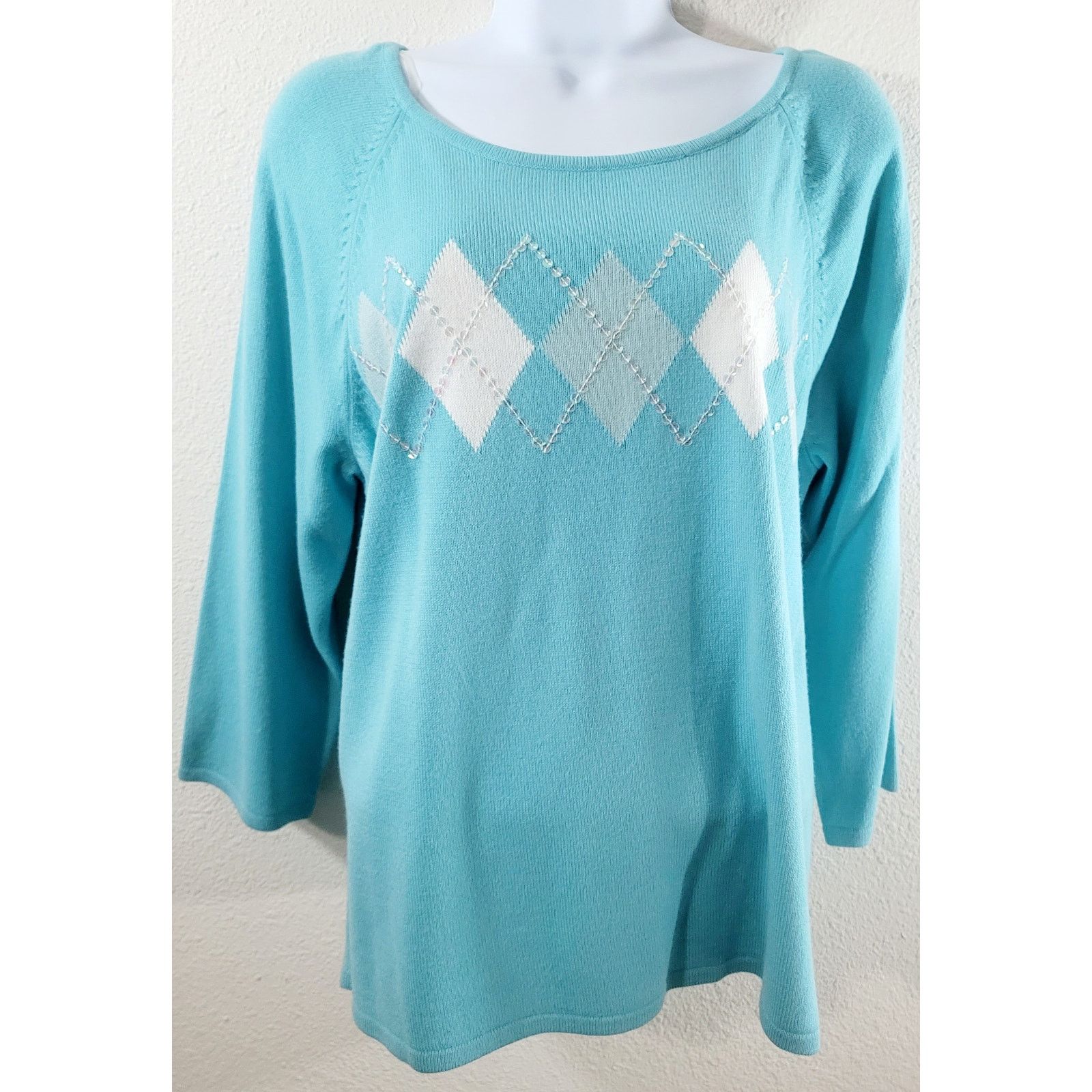Other RQT Blue White Argyle Print Sequin Sweater Top XL Size XL / US 12-14 / IT 48-50 - 8 Thumbnail