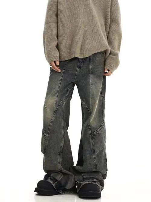image of Vintage Style Washed Irregular Patchwork Micro Flare Jeans in Blue, Men's (Size 32)
