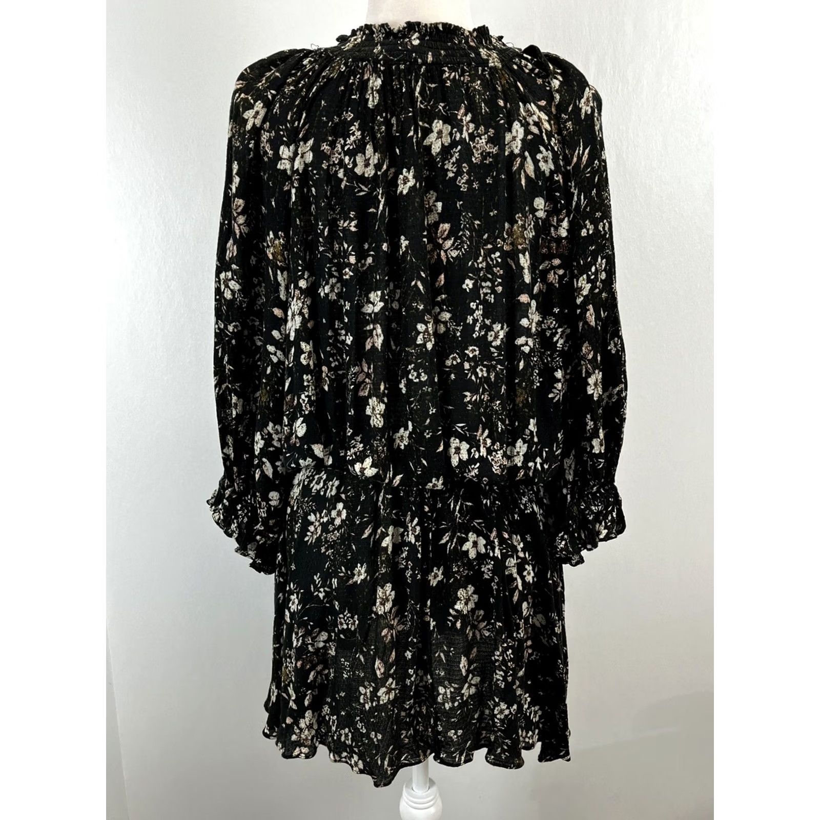 Zara Zara Mini Dress Womens M Boho Peasant Floral Dark Forest Fairy Long Sleeve Tie Front Gathered Waist Black Size M / US 6-8 / IT 42-44 - 3 Thumbnail