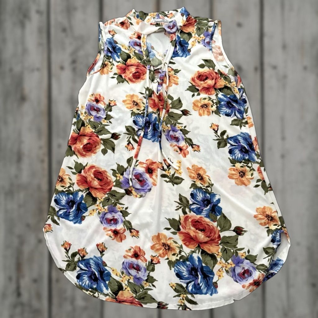 Vintage Jasmine Sleeveless Top Womens 2XL Floral Print Keyhole Lace-Up Boho Tank Top Size XXL / US 16-18 / IT 52-54 - 1 Thumbnail