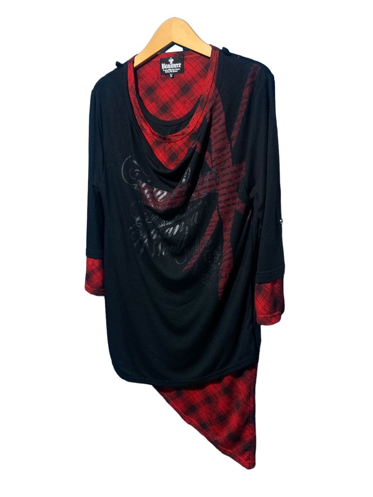 image of 14Th Addiction x Beauty Beast Y2K Beaumere Gothic Asymmetric Triple Layer Poem T Shirt in Black Red
