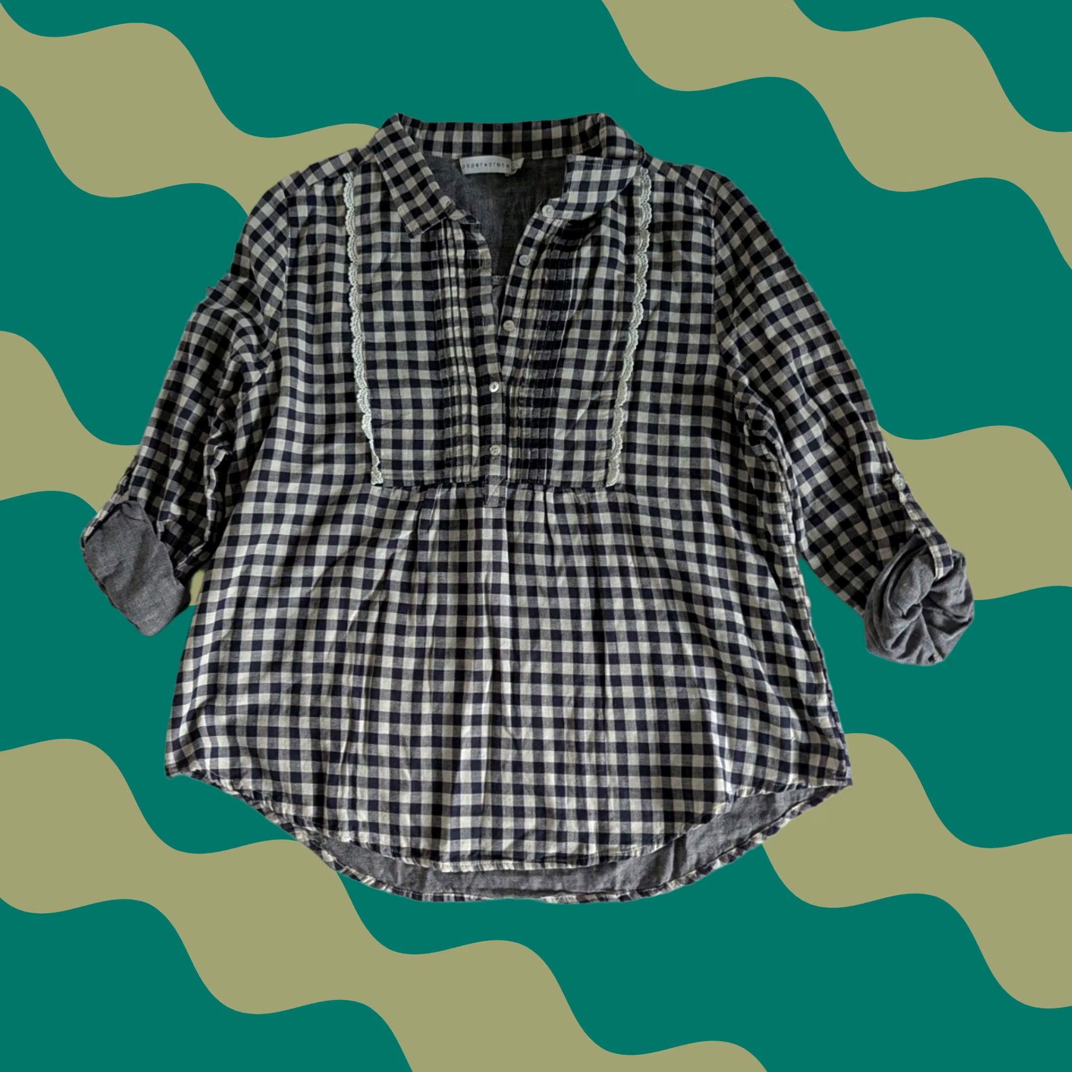 Vintage Crane Paper Gingham Plaid Roll Tab Sleeve Women's Top Sz L Cottagecore Preppy Size L / US 10 / IT 46 - 1 Thumbnail