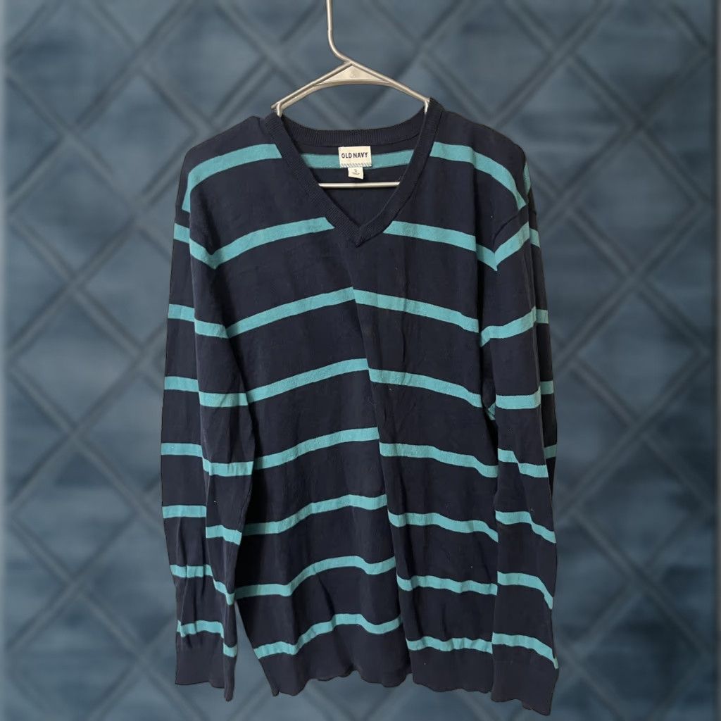 Old Navy Old Navy Pullover Sweater Long Sleeve V-Neck Striped Lightweight Cotton Blend Men XL Blue Size US XL / EU 56 / 4 - 1 Thumbnail