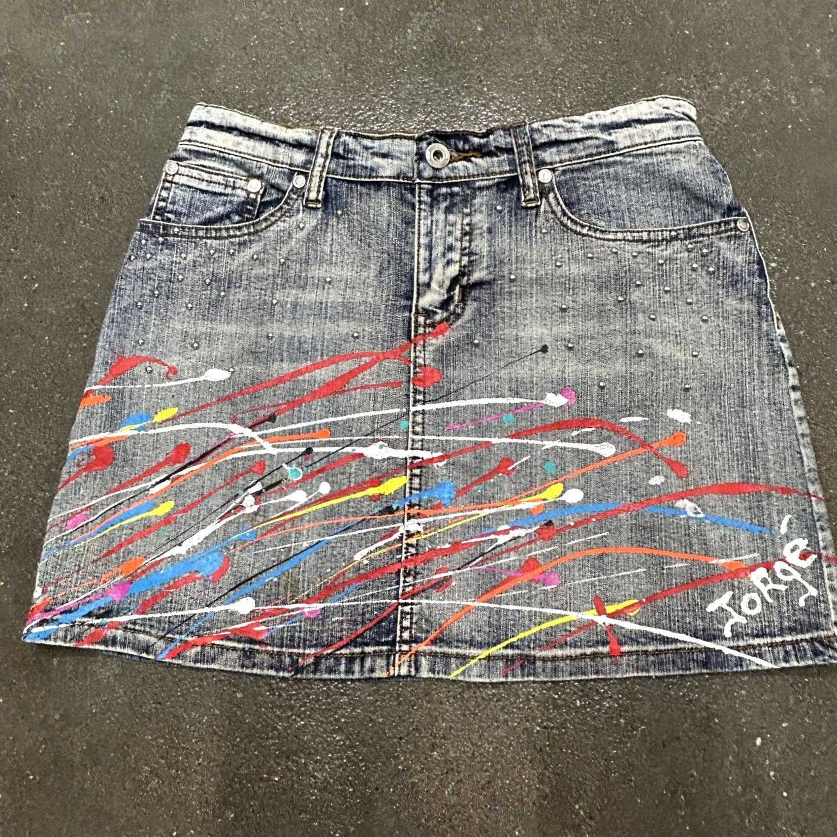 Denime Apollo Jeans Skirt Womens Medium Denim Mini Paint Splatter Studded Art Size 32" / US 10 / IT 46 - 2 Thumbnail