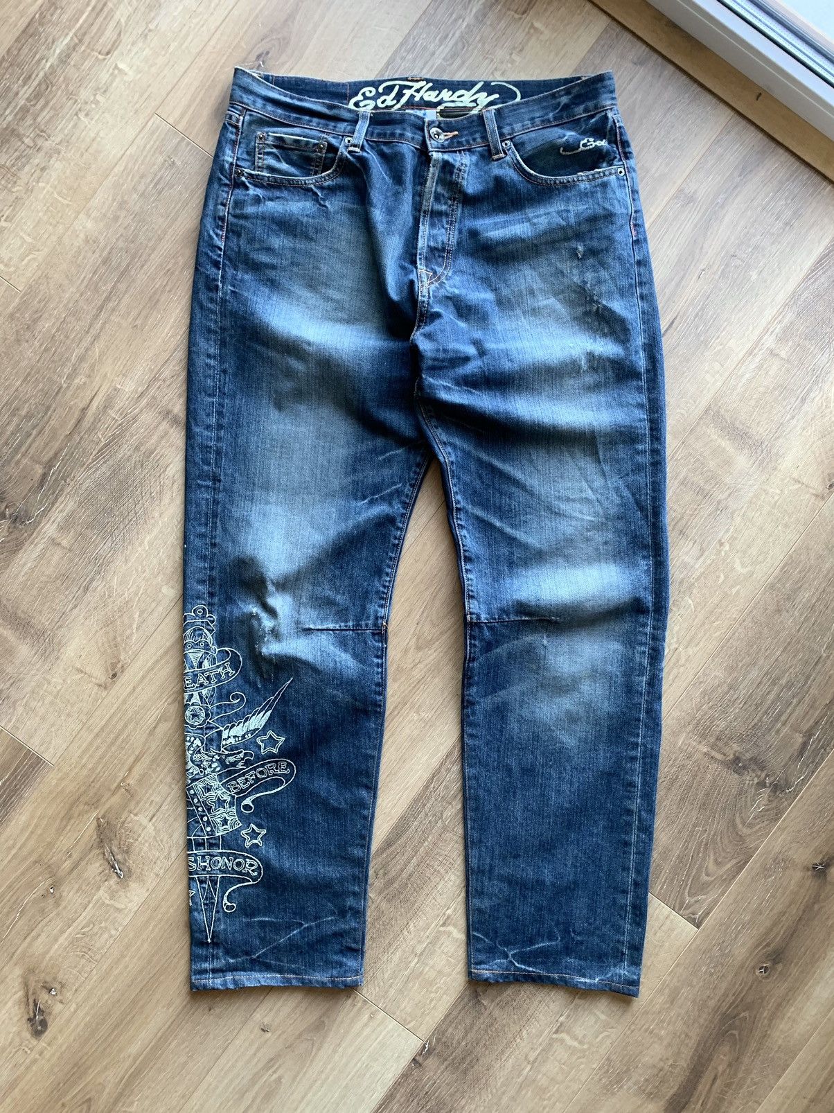 Christian Audigier Vintage Ed Hardy Death Before Dishonor jeans pans Size US 36 / EU 52 - 3 Thumbnail