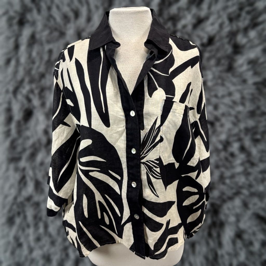 Vintage MAGASCHONI 100% Linen Button-Up Top Large Black Monstera Lagenlook Resort Wear Womens Size L / US 10 / IT 46 - 1 Thumbnail