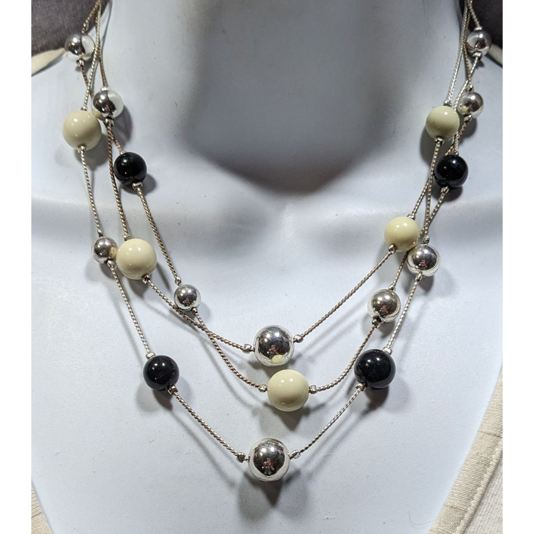 Other Retro Glam Multi-Layered Silver Tone Necklace With Black & C Size ONE SIZE - 4 Thumbnail