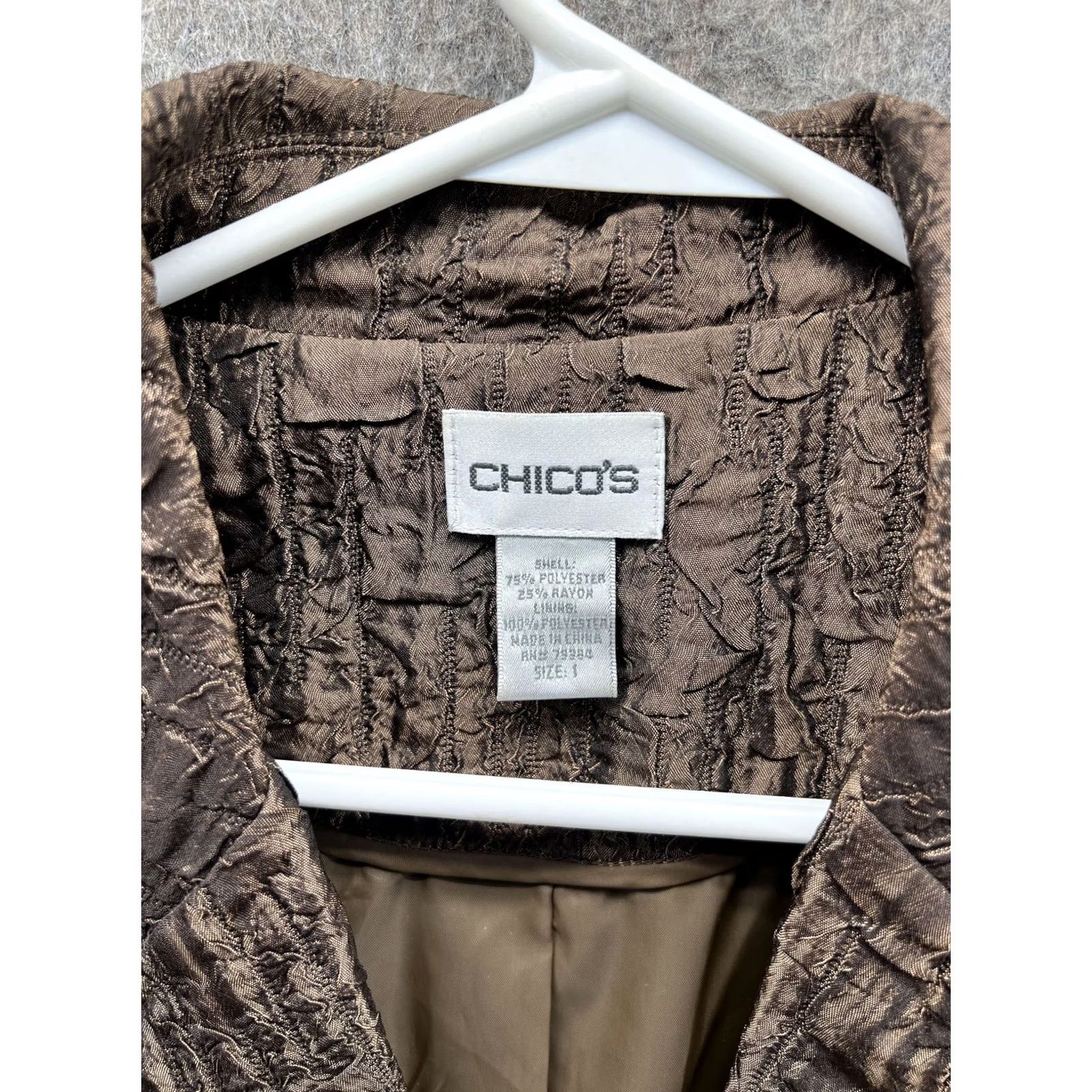 Vintage Chico's Blazer Womens 1 Brown Textured Taffeta Button Front Lined Short Evening Blazer Jacket Mens? Size 25" / US 0 / IT 36 - 2 Thumbnail