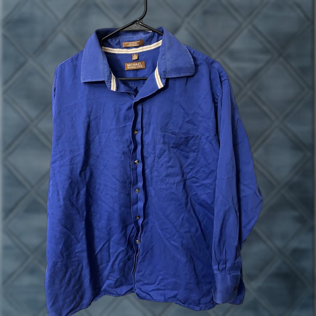 Michael Kors VINTAGE Michael Kors Shirt Men Button-Up Solid Blue Long Sleeve XL 18 Regular Non-Iron Classic Button-Front Men’s Size US XL / EU 56 / 4 - 1 Thumbnail