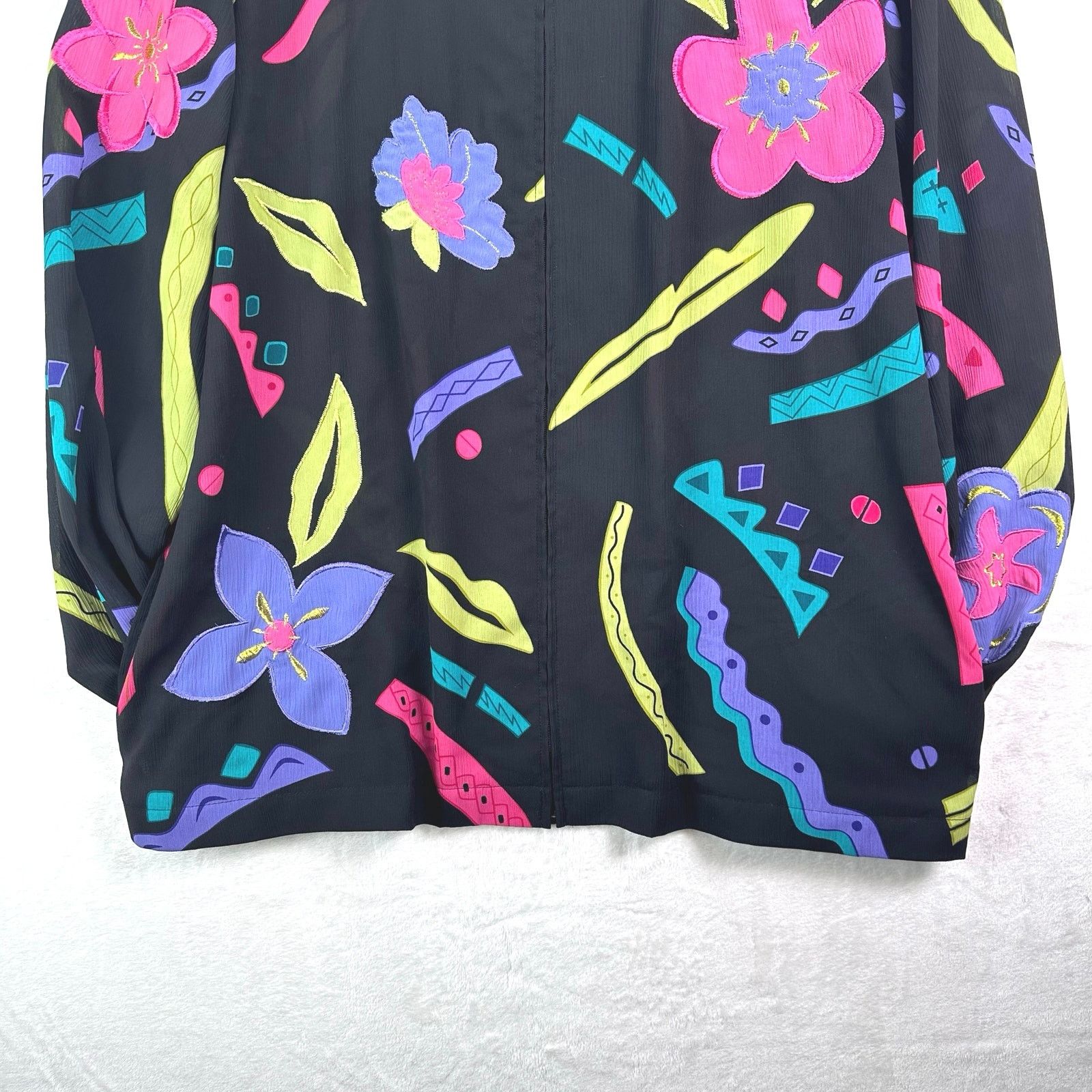 Other ALFRED DUNNER 90s Retro Black Neon Floral Sheer Zip Jacket Size XL / US 12-14 / IT 48-50 - 3 Thumbnail