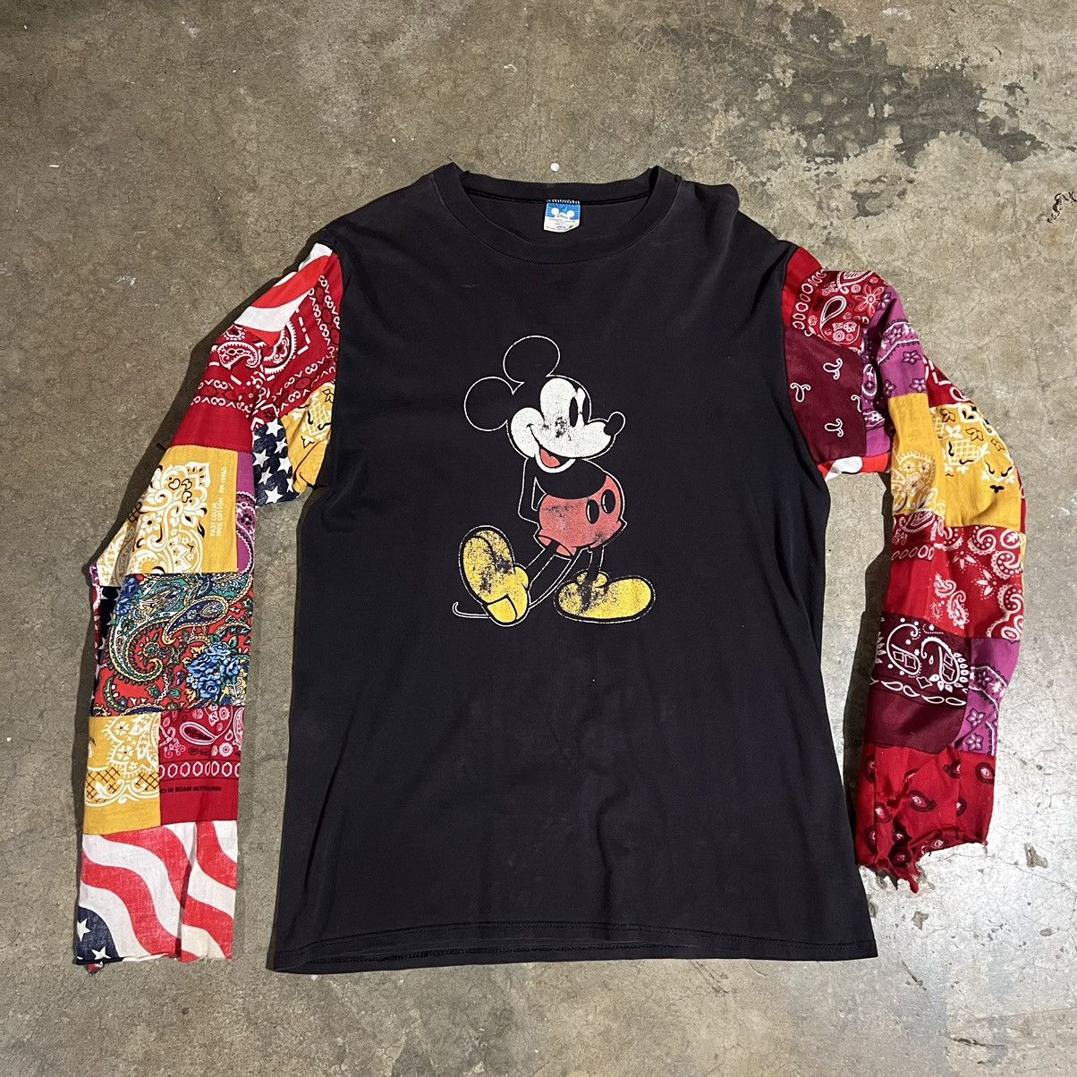 image of Disney x Kapital Vintage 90’S Mickey Mouse Bandana Patchwork Longsleeve in Black, Men's (Size Large