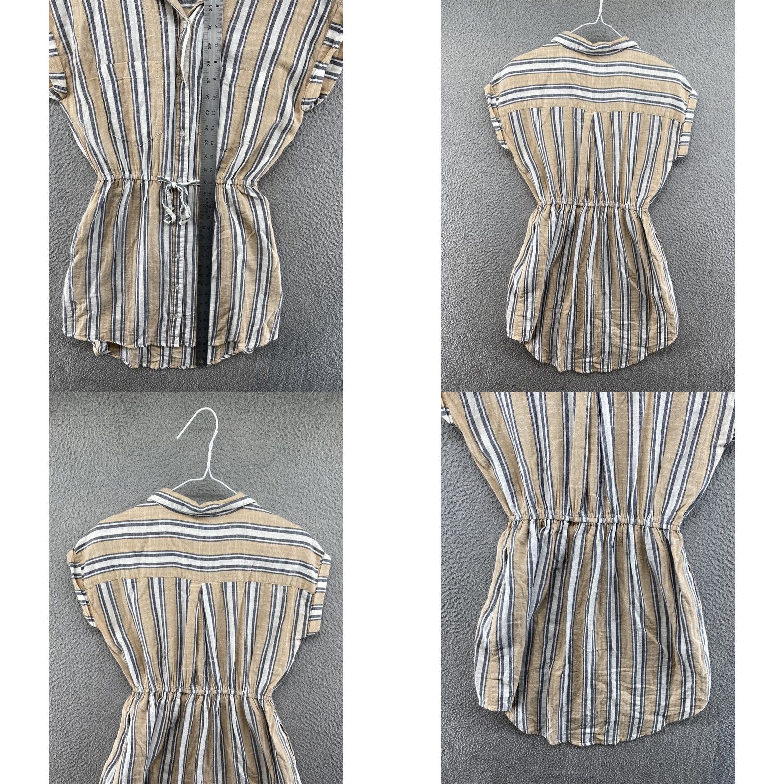 Vintage Japna Women’s Button Down Tie Waist Pockets Stripe Dress S Beige Cap Sleeve Hi-Low Size S / US 4 / IT 40 - 8 Thumbnail
