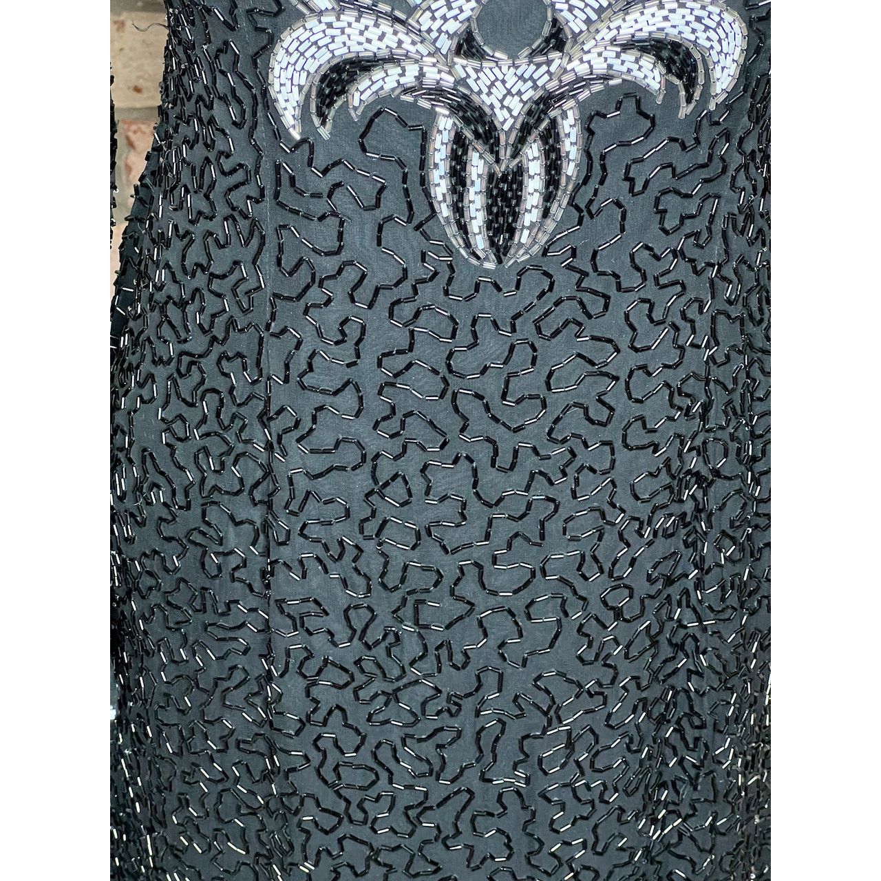 Vintage dress 100% silk beaded sheer bust high collar black white Size L / US 10 / IT 46 - 5 Thumbnail