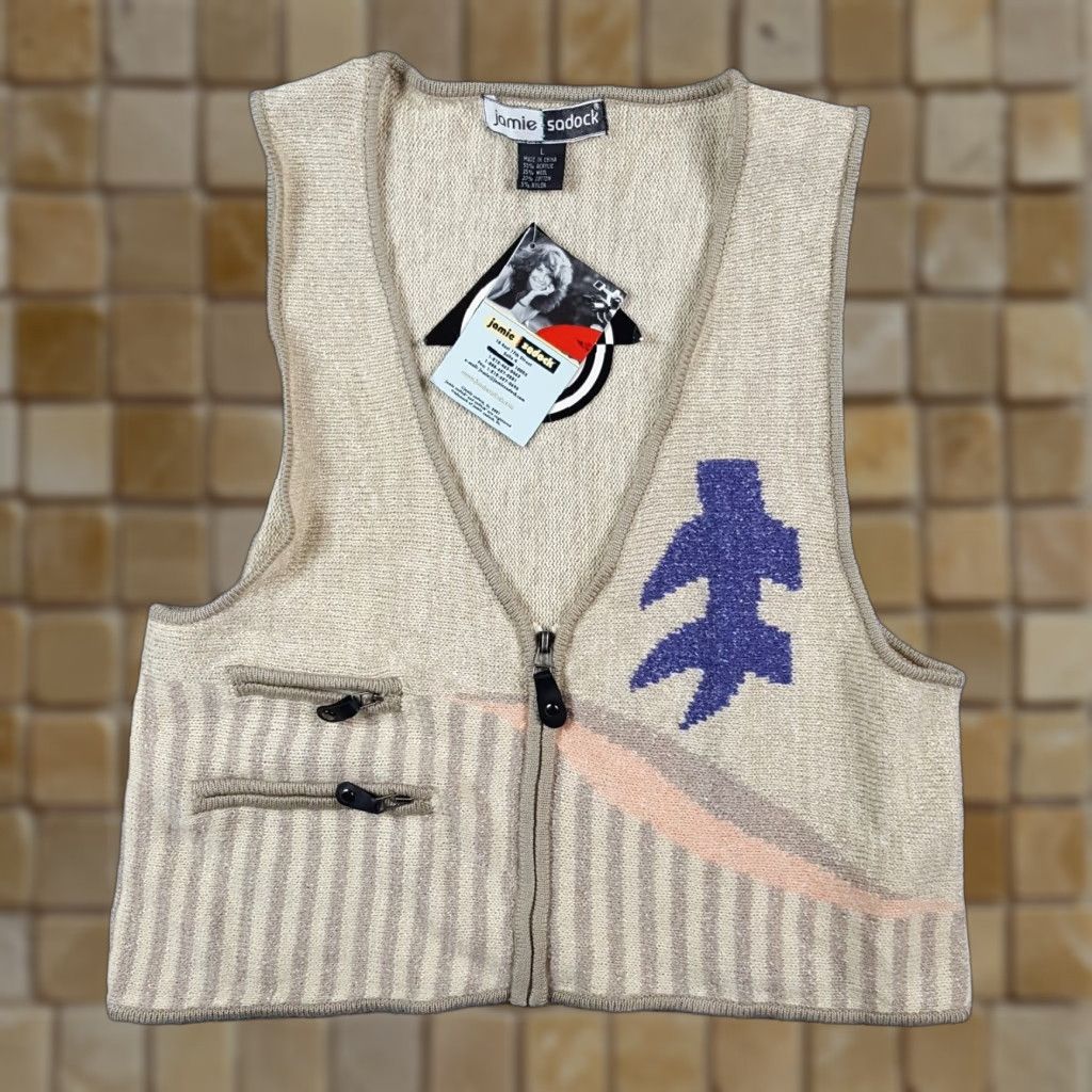 Etro VINTAGE Jamie Sadock Y2K Retro Preppy Knit Cardigan Sweater Vest Women's Large Sleeveless Zip Up Beige 00s Casual Size L / US 10 / IT 46 - 1 Thumbnail