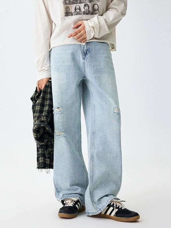 Jean Light blue washed men's ripped jeans loose straight jeans Size US 32 / EU 48 - 2 Thumbnail