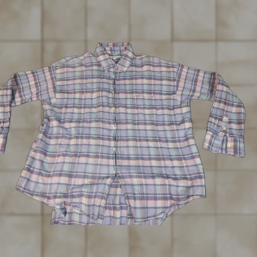 Madewell Madewell Womens Blouse Small Plaid Purple Button-Up Top Crew Neck Long Sleeve Casual Ruffle 100% Cotton Regular Women's Shirt Size S / US 4 / IT 40 - 1 Thumbnail