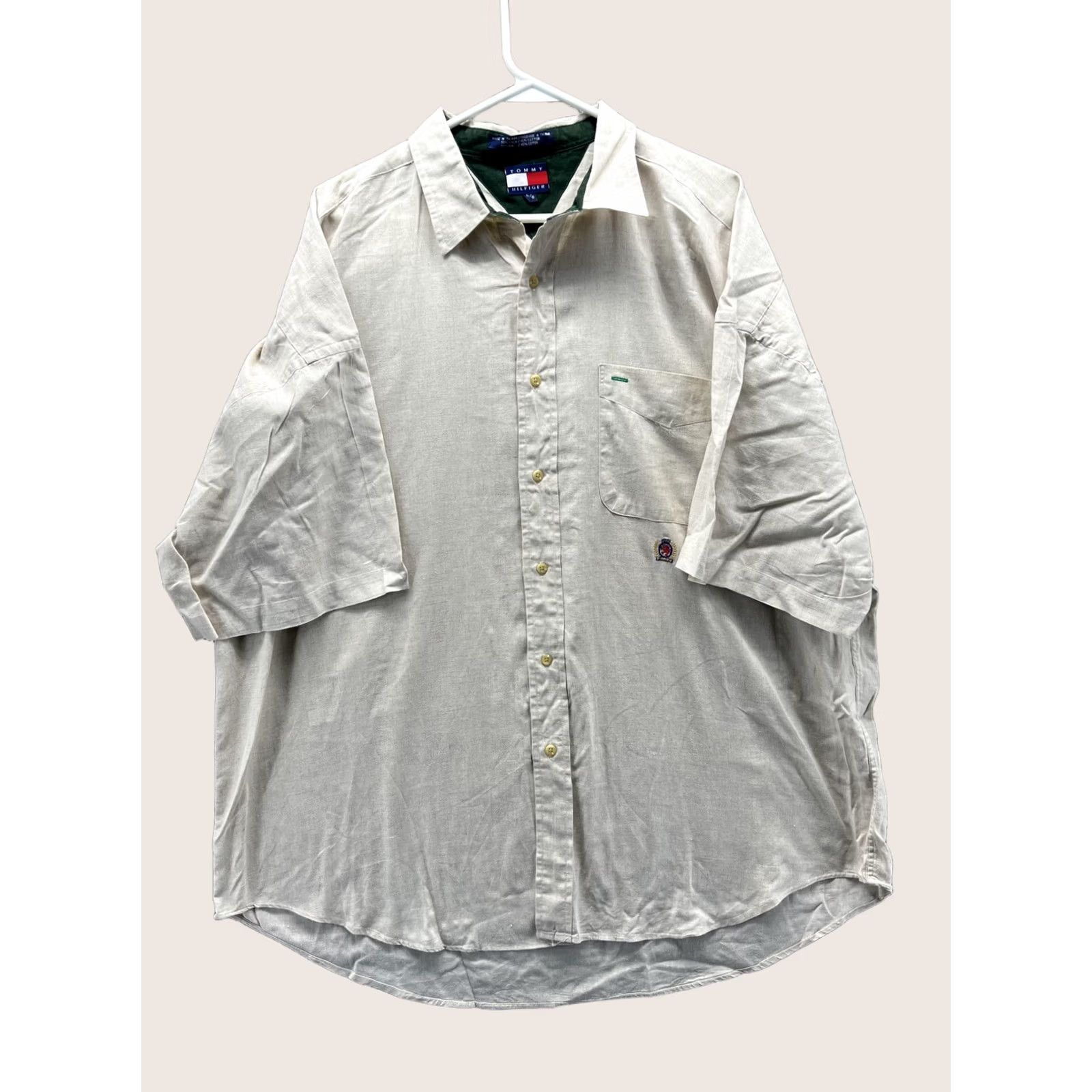 Tommy Hilfiger VINTAGE Tommy Hilfiger Shirt Mens Large Beige Linen Short Sleeve Button Front 90s Casual Size US L / EU 52-54 / 3 - 1 Thumbnail