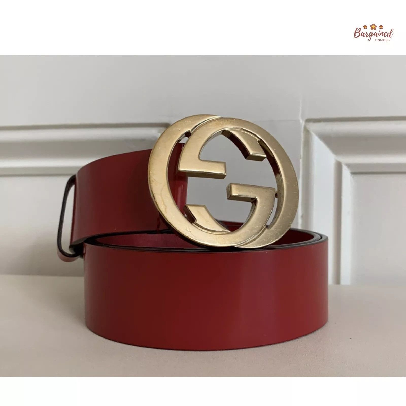Gucci Gucci Red Coated Leather Gold Interlocking G Buckle Belt Size 30 - 1 Thumbnail