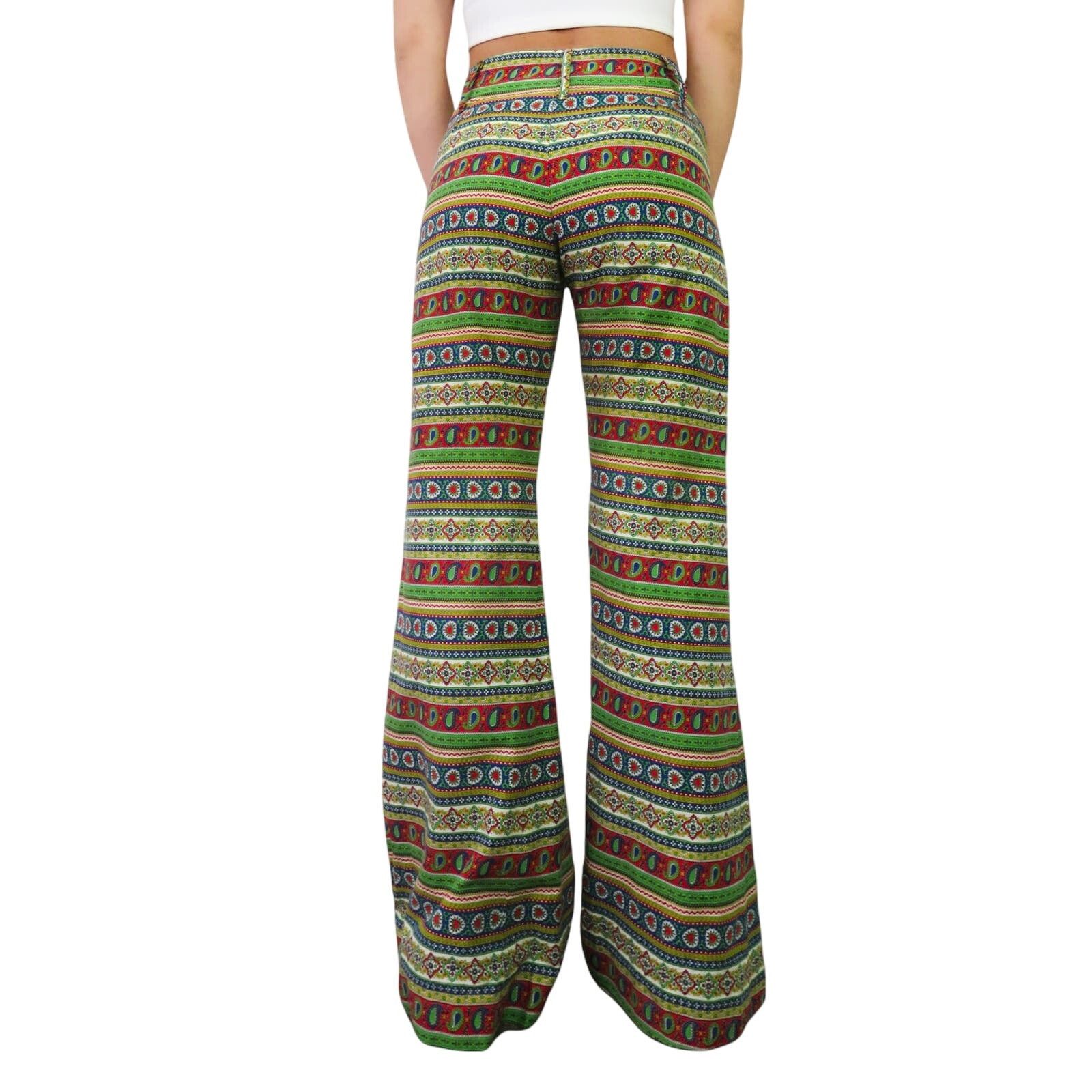 Vintage 1970s Handmade Red & Green Retro Pattern Flared Pants 27" Size 27" / US 4 / IT 40 - 3 Thumbnail
