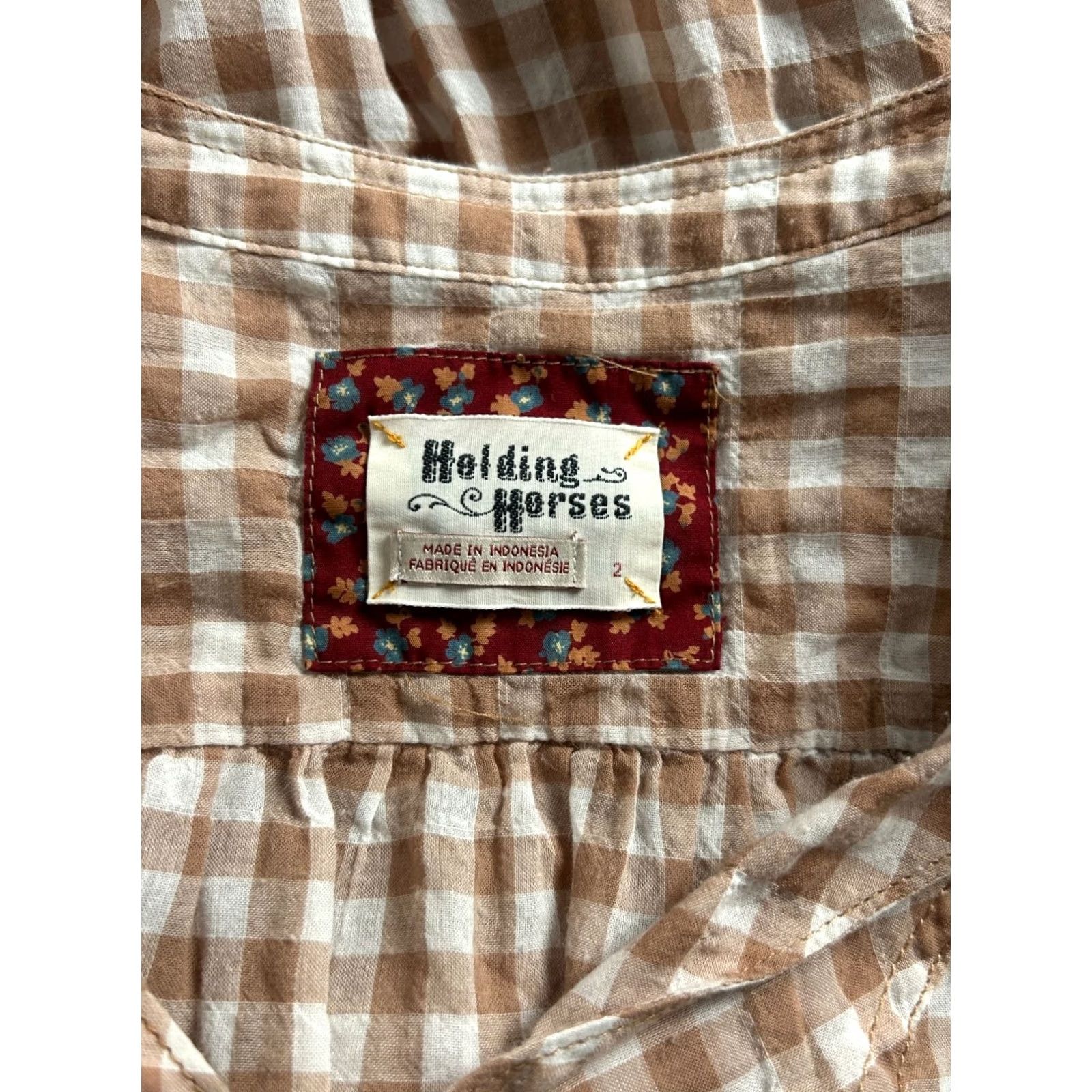 Anthropologie Holding Horses Devon Gingham Top Womens Size 2 Brown White Long Sleeve V-Neck Pullover Blouse Size XS / US 0-2 / IT 36-38 - 4 Thumbnail