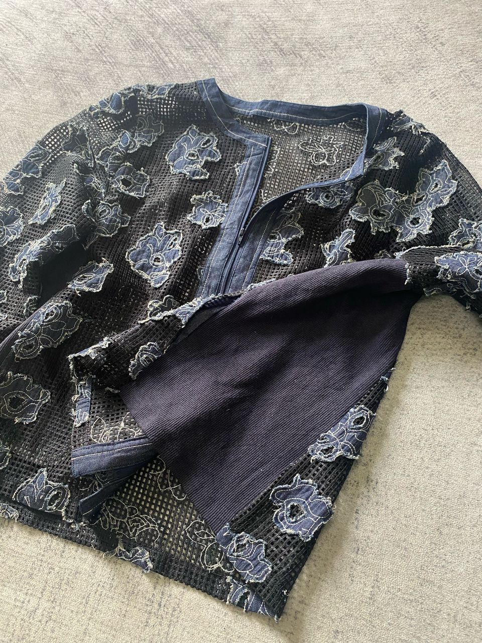 Jean × Le Grande Bleu (L.G.B.) Jean Crement Mash Floral Motive Indigo Boxy Cardigan Jacket Size L / US 10 / IT 46 - 7 Thumbnail