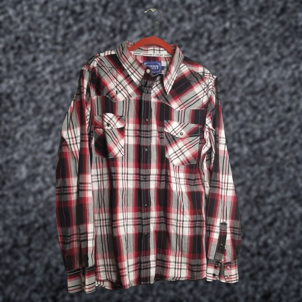 Vintage Cowboy Hardware Western Shirt L Pearl Snap Barbed Wire Embroidery Plaid Red Cotton Men Size L Size US L / EU 52-54 / 3 - 1 Thumbnail