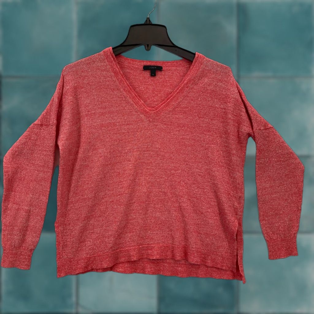 J.Crew J.Crew Merino Wool Linen Blend Sweater Women's XL Red V-Neck Side Split Preppy Pullover Shirt/Hoodie Size XL / US 12-14 / IT 48-50 - 1 Thumbnail