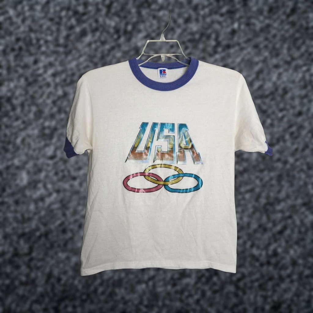 Russell Athletic VINTAGE 1980s Russell Athletic Men's M Olympics Cotton Ringer T-Shirt White 80s Sports Size US M / EU 48-50 / 2 - 1 Thumbnail