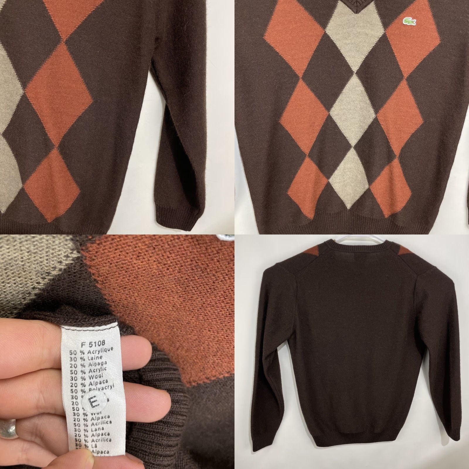 Lacoste Lacoste Sweater Mens Large V-Neck Argyle Brown Gray Wool Alpaca Pullover Knit Size US L / EU 52-54 / 3 - 8 Thumbnail