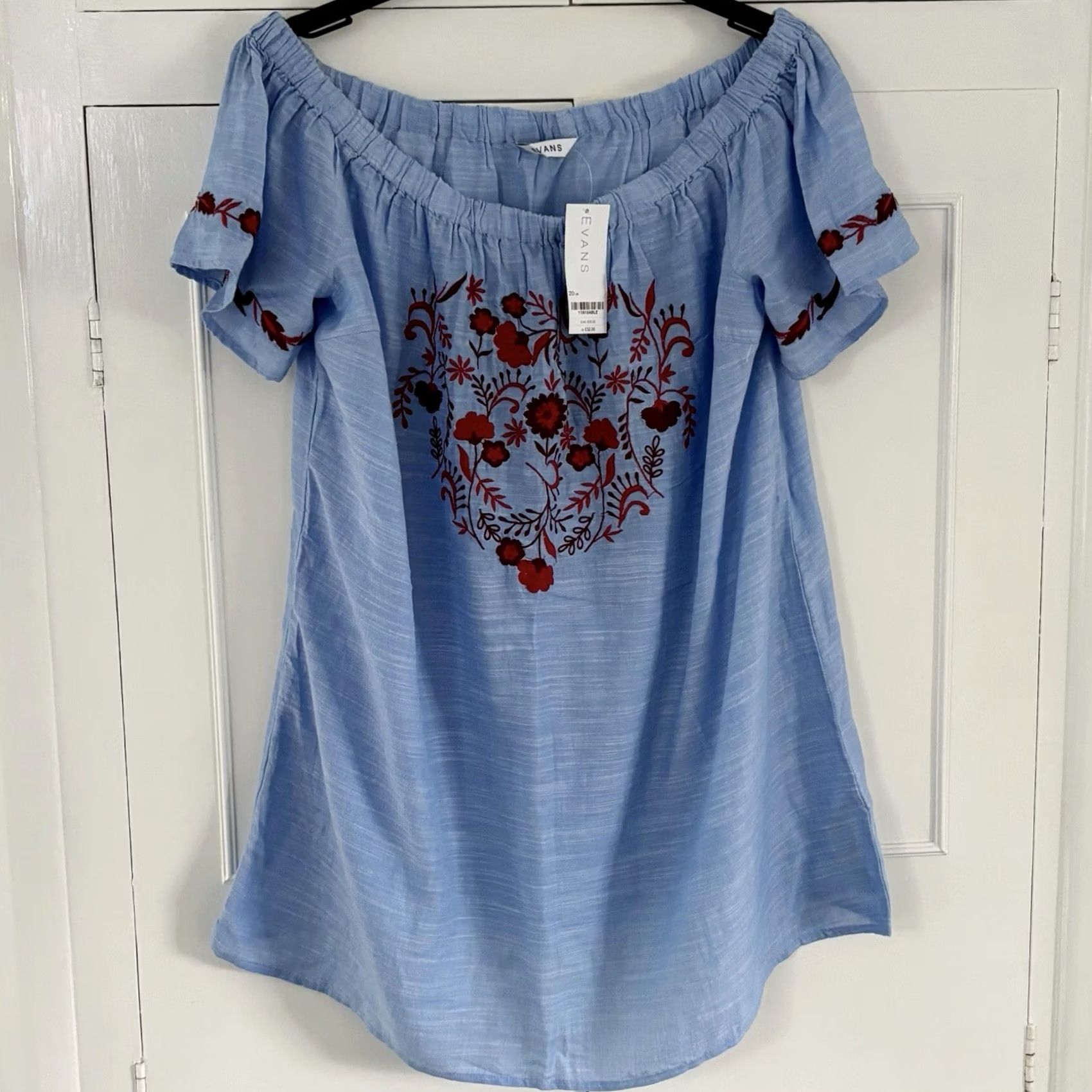Vintage VINTAGE? No — Evans Top Off The Shoulder Blue Floral Embroidery UK 20 Womens BNWT Off The Shoulder Top Size 3XL / US 20-22 - 2 Thumbnail