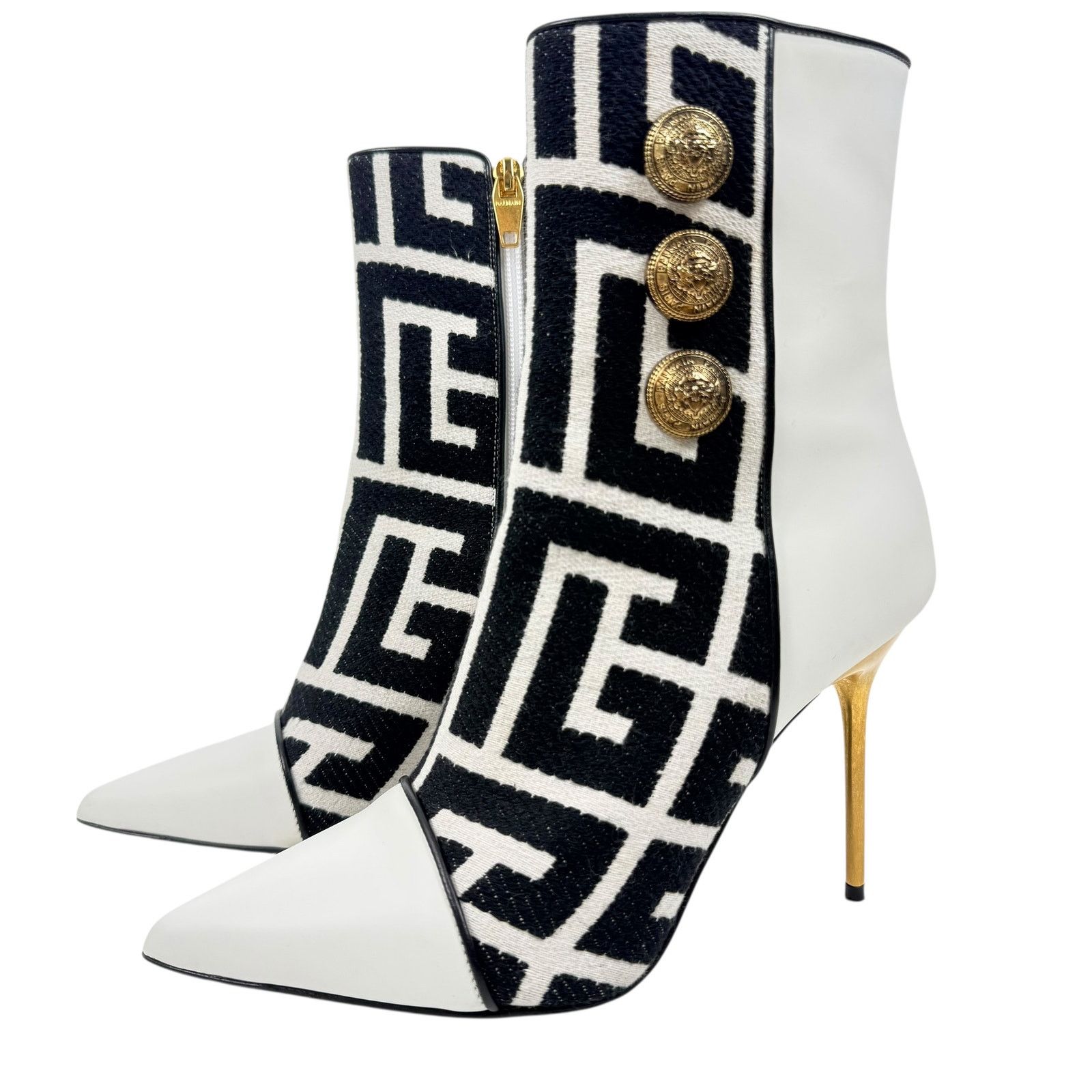 Balmain Balmain Roni Monogram Jacquard Leather Ankle Booties White Size US 7.5 / IT 37.5 - 3 Thumbnail
