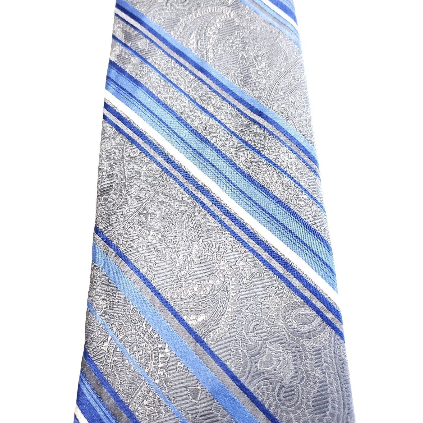 Vintage Antonio Fellini Gray Blue Silk Tie Woven Wide Striped Floral Size ONE SIZE - 2 Thumbnail