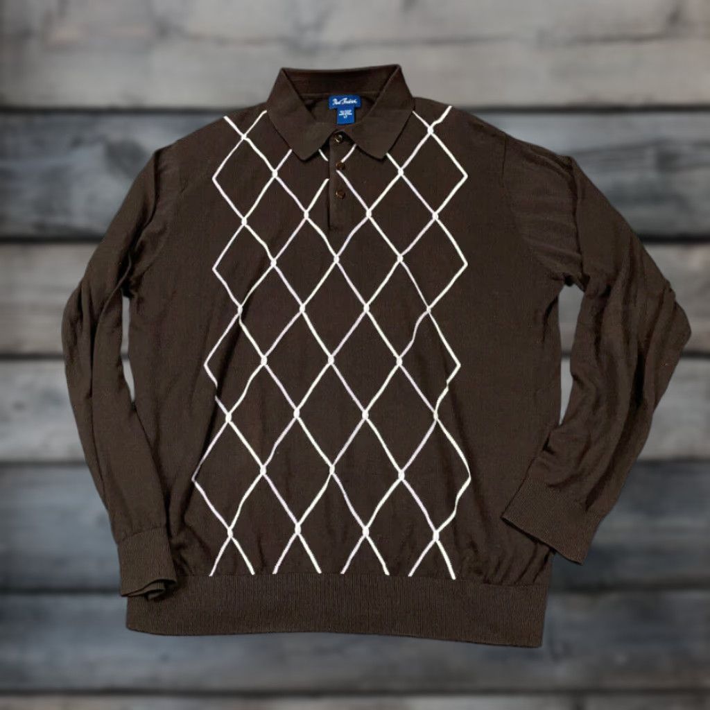 Vintage Paul Fredrick Sweater Adult Large Tall Brown Collared Knit Lightweight Cotton-Linen Diamond Argyle 80s 90s Retro Mens Size US L / EU 52-54 / 3 - 1 Thumbnail