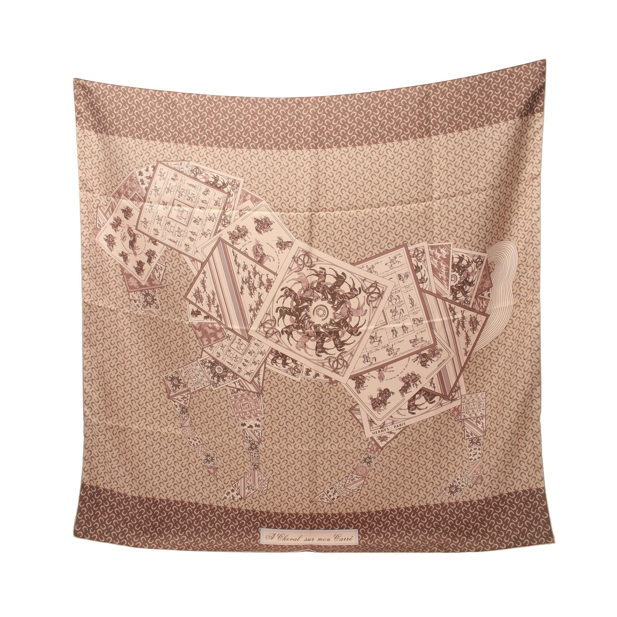 image of Hermes Carres 90 A Cheval Sur Mon Carre Scarf Silk Dusty Pink Gray Beige Multicolor, Women's
