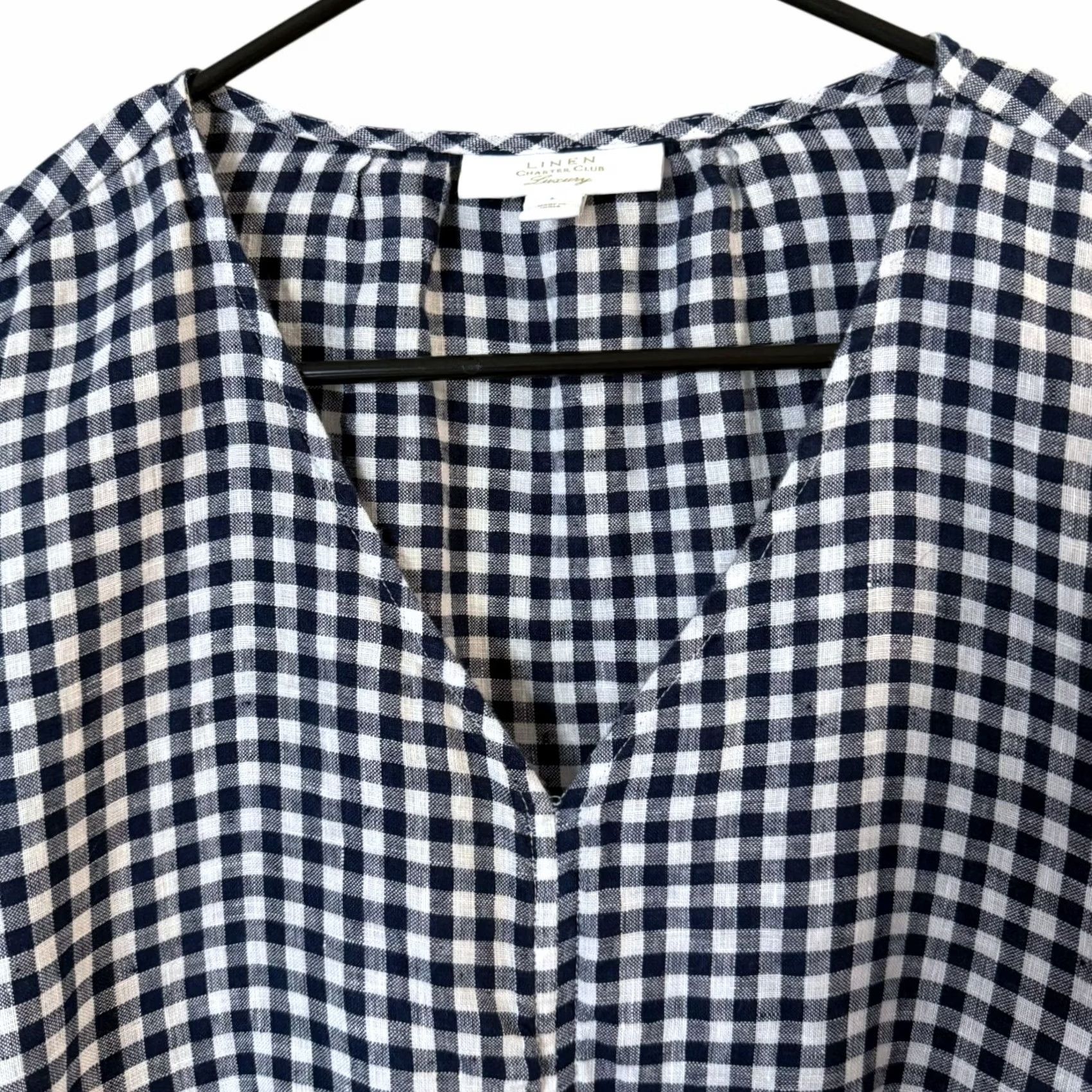 Charter Club Charter Club Linen Tie-Waist Gingham V-Neck Top Blue & White Women's Large Blouse Size L / US 10 / IT 46 - 5 Thumbnail
