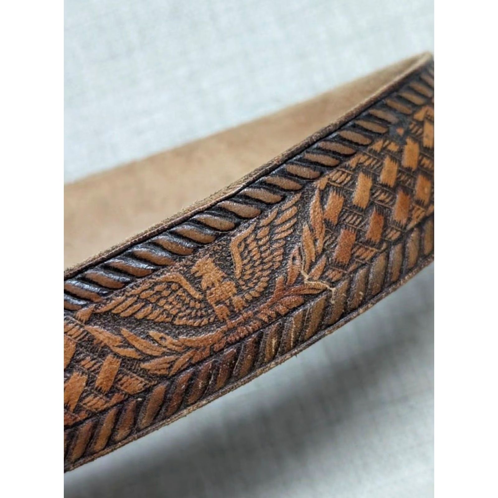 Vintage VINTAGE Brushy Creek belt EAGLE tooled cowhide leather western belt 30 brown USA men belt buckle snaps 1-3/8" western style Size 30 - 4 Thumbnail